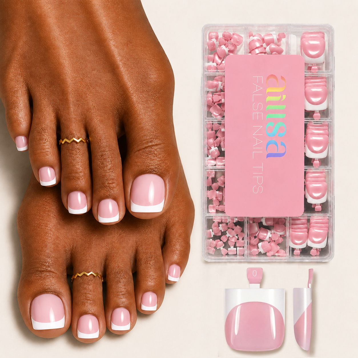 AILLSA Square Glossy French Tip Toe Nail Press on 