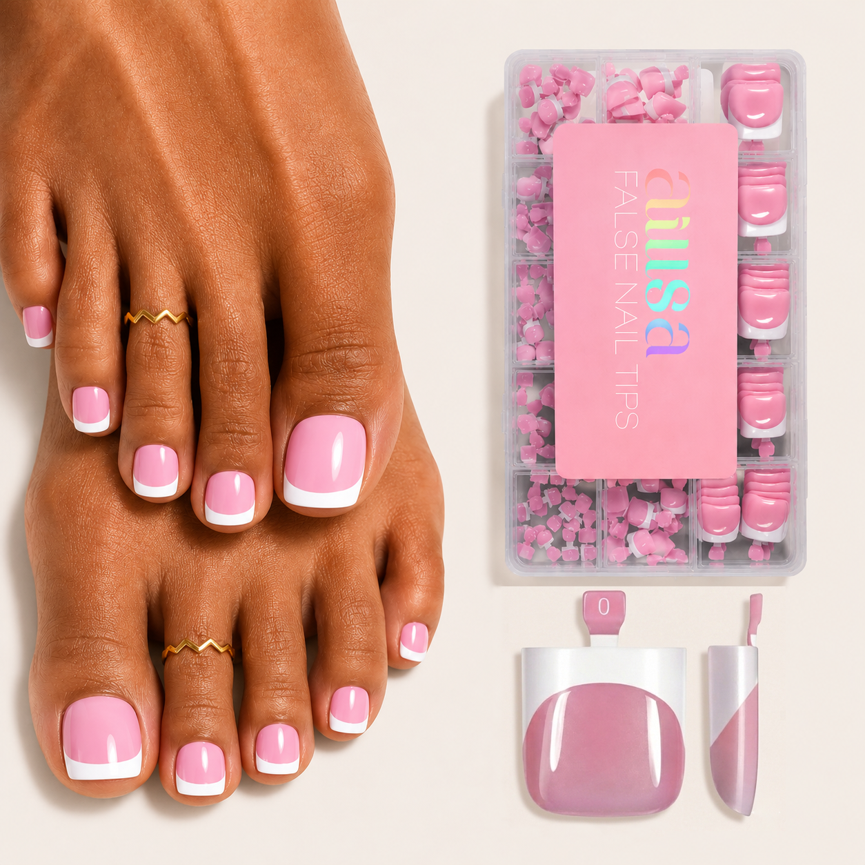AILLSA Square Glossy French Tip Toe Nail Press on 