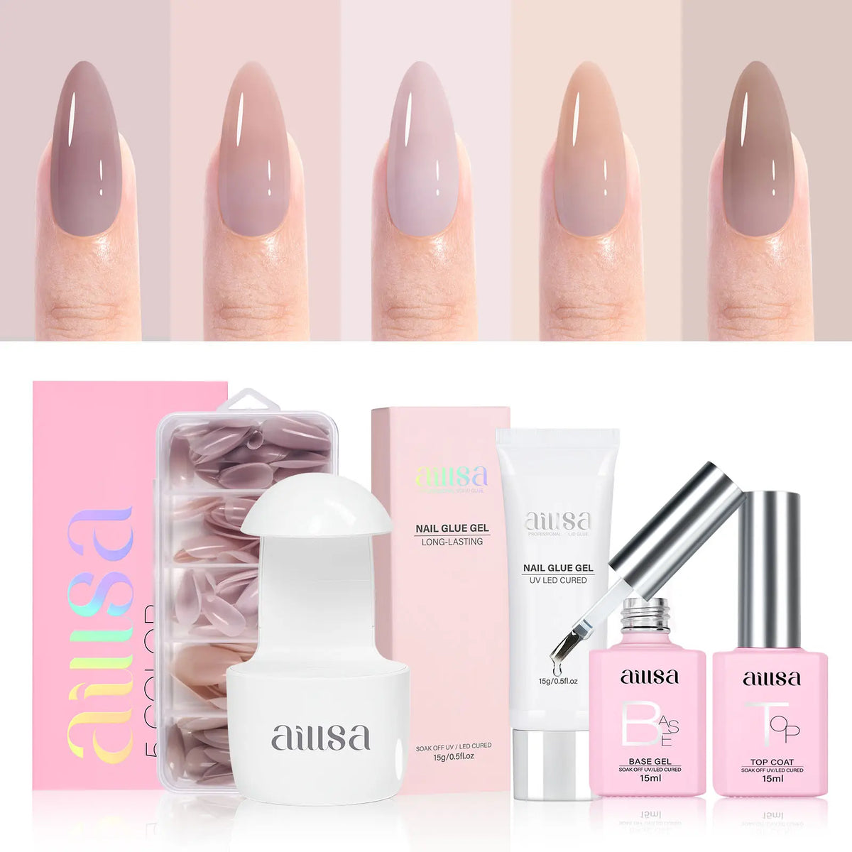 Aillsa Mixed 5 Pre-colored Press-Ons Nail Tips Set With Gel Glue 