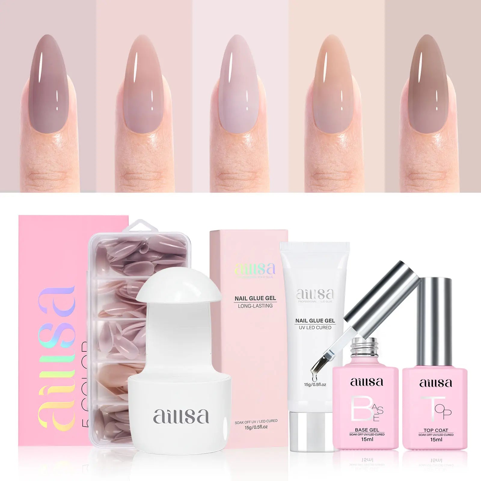 Aillsa Mixed 5 Pre-colored Press-Ons Nail Tips Set With Gel Glue 
