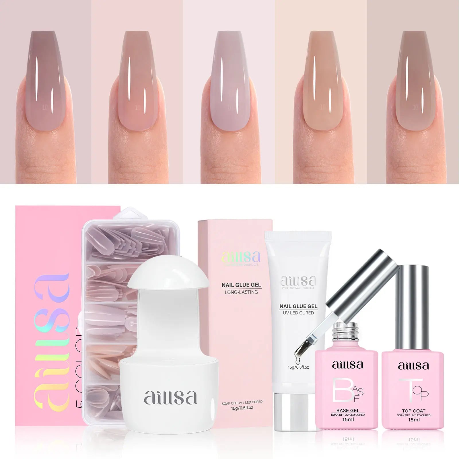 Aillsa Mixed 5 Pre-colored Press-Ons Nail Tips Set With Gel Glue 