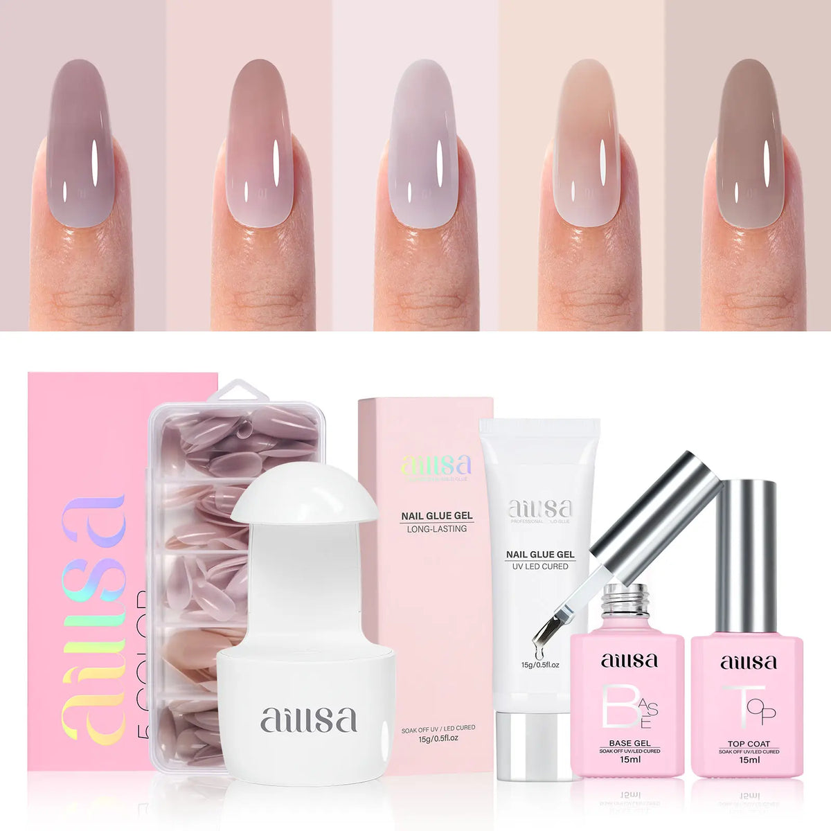 Aillsa Mixed 5 Pre-colored Press-Ons Nail Tips Set With Gel Glue 