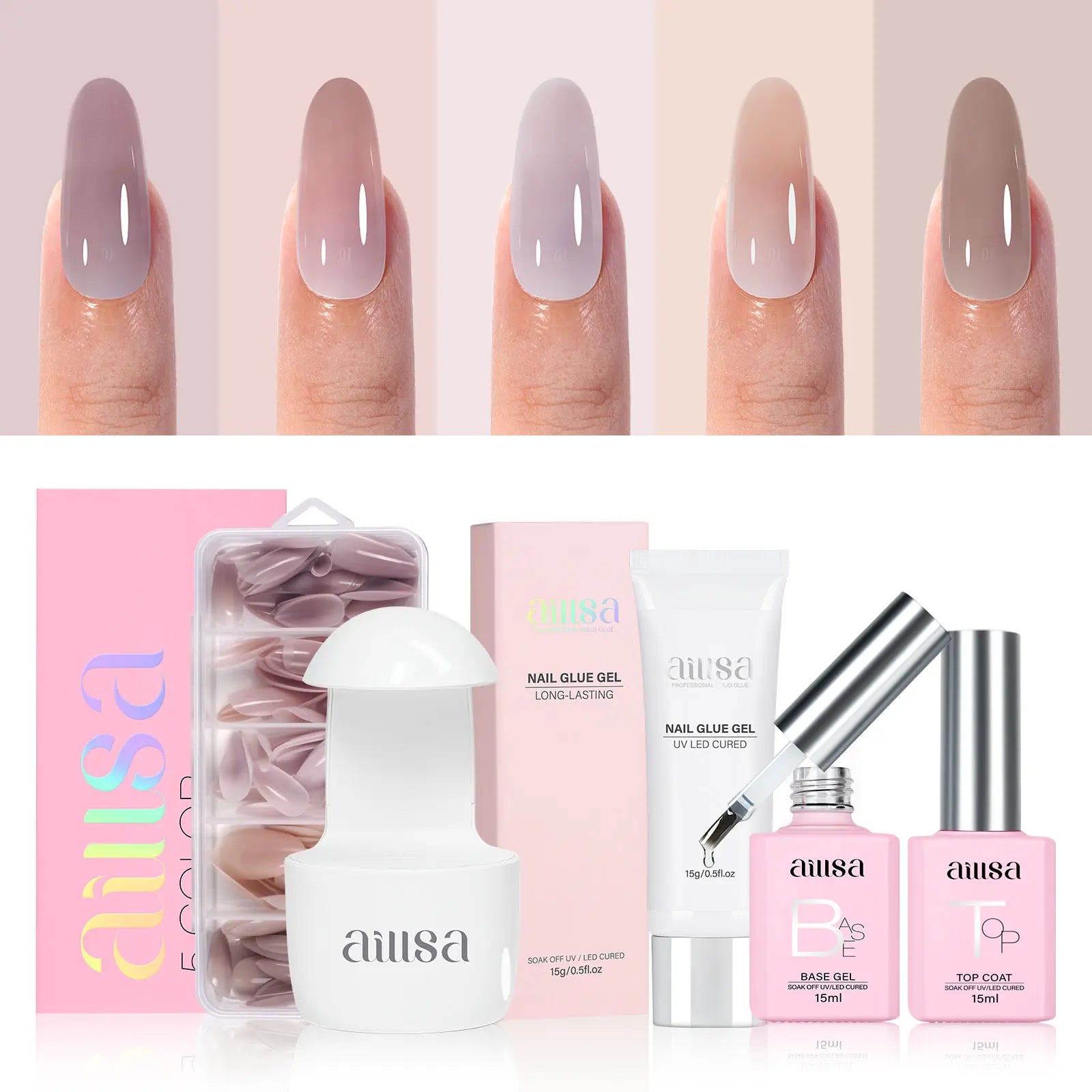 Aillsa Mixed 5 Pre-colored Press-Ons Nail Tips Set With Gel Glue 