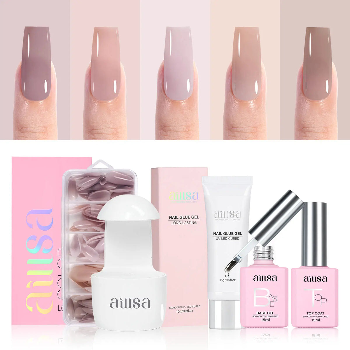 Aillsa Mixed 5 Pre-colored Press-Ons Nail Tips Set With Gel Glue 