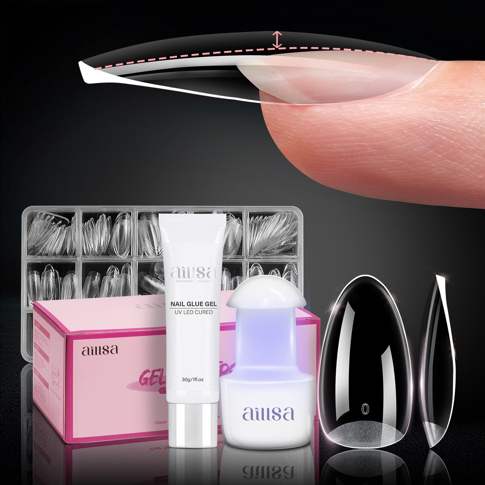 Nail Tips Set With Mini UV Cure Lamp & 30g Strong Solid Nail Glue 