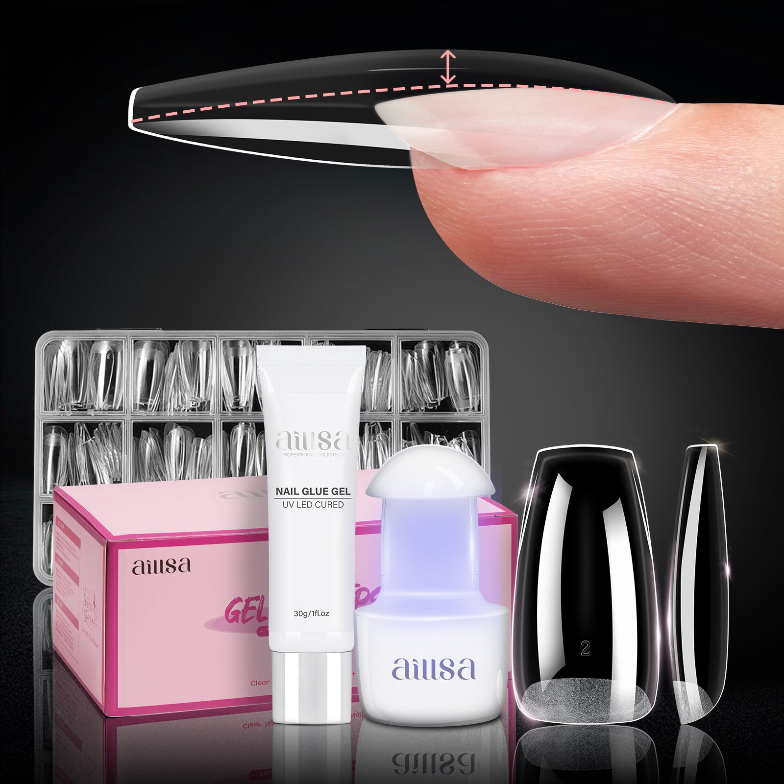 Nail Tips Set With Mini UV Cure Lamp & 30g Strong Solid Nail Glue 