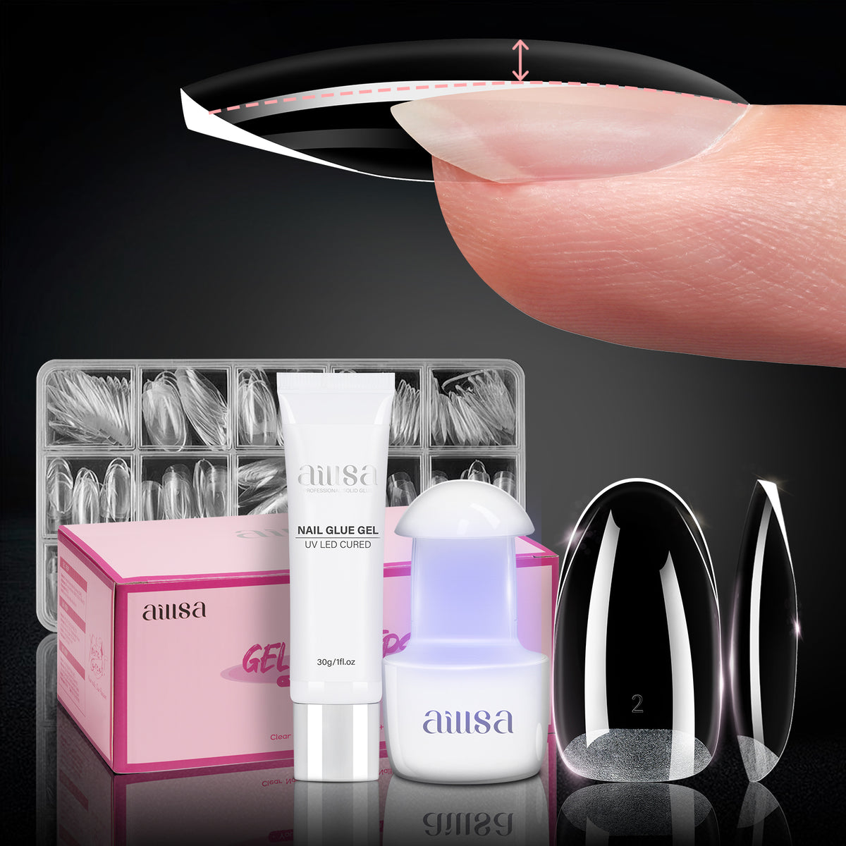Nail Tips Set With Mini UV Cure Lamp & 30g Strong Solid Nail Glue 
