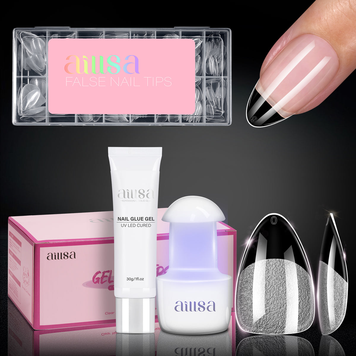 Nail Tips Set With Mini UV Cure Lamp & 30g Strong Solid Nail Glue 