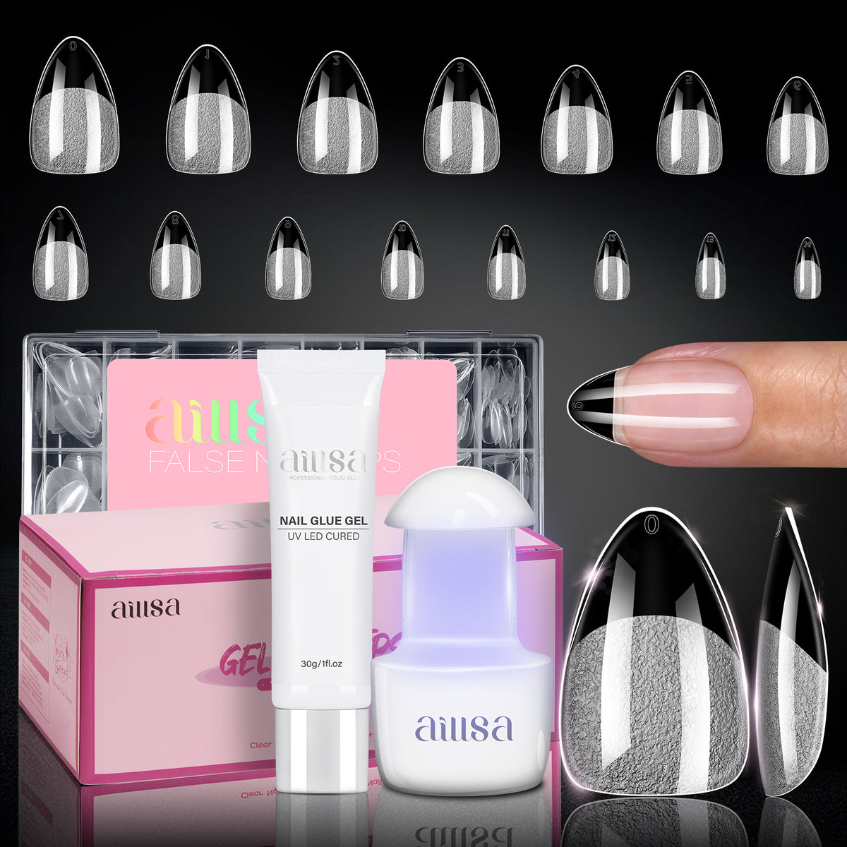 Nail Tips Set With Mini UV Cure Lamp & 30g Strong Solid Nail Glue 