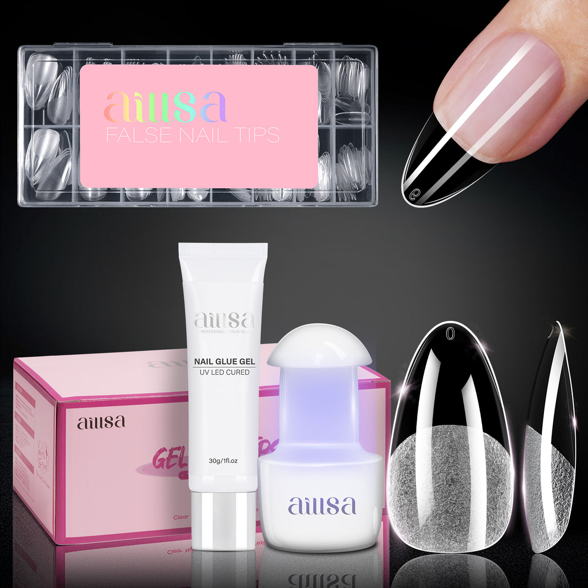Nail Tips Set With Mini UV Cure Lamp & 30g Strong Solid Nail Glue 