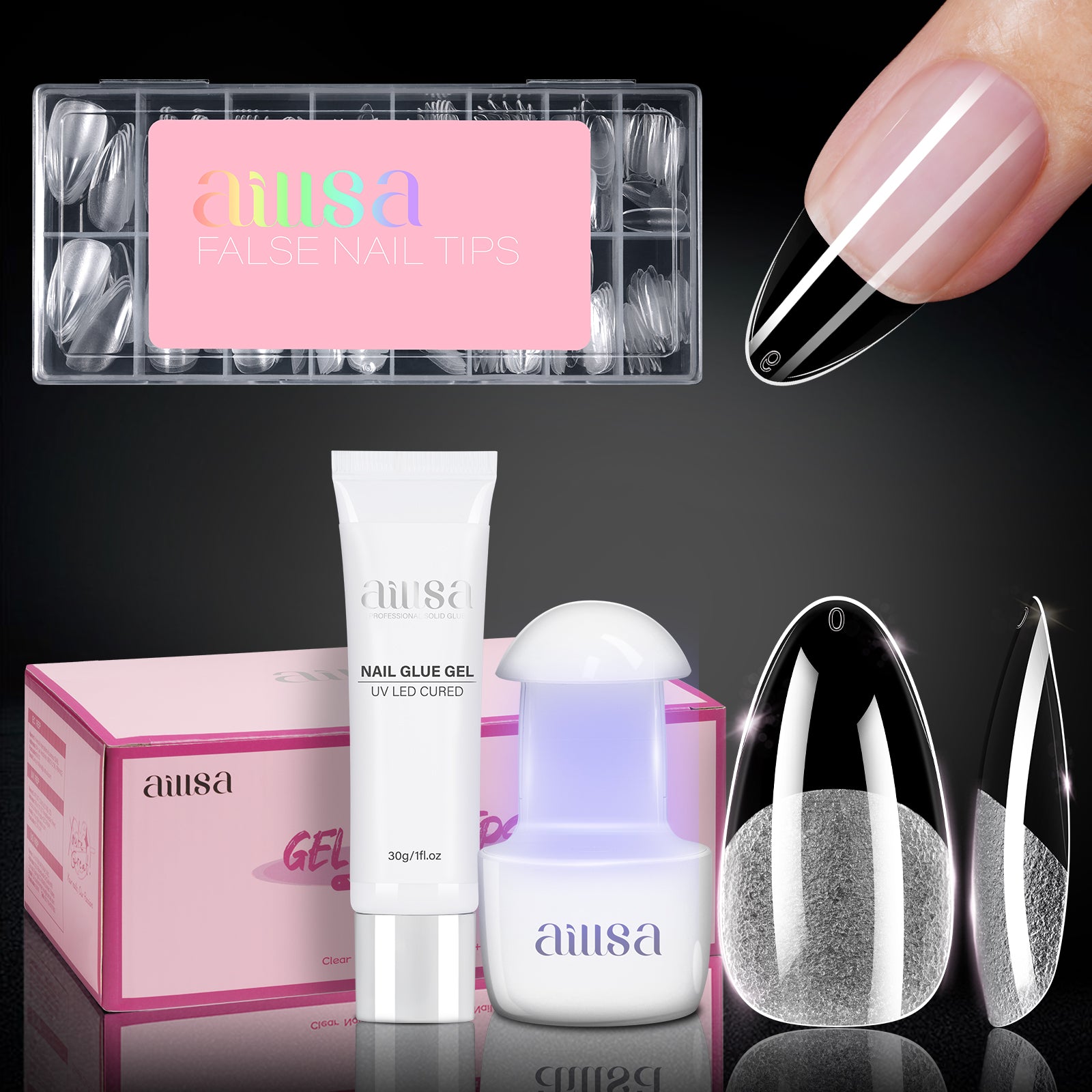 Nail Tips Set With Mini UV Cure Lamp & 30g Strong Solid Nail Glue 