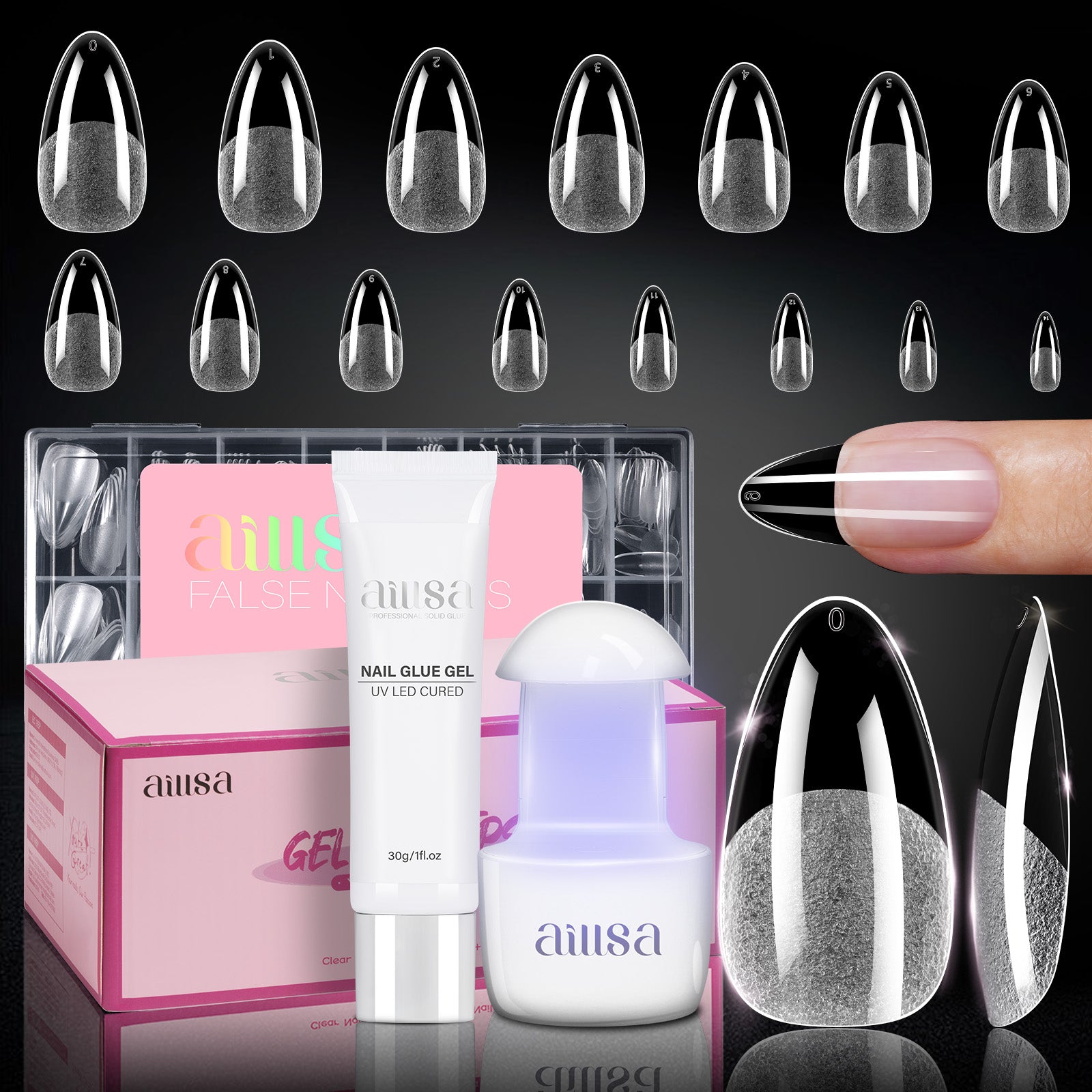 Nail Tips Set With Mini UV Cure Lamp & 30g Strong Solid Nail Glue 