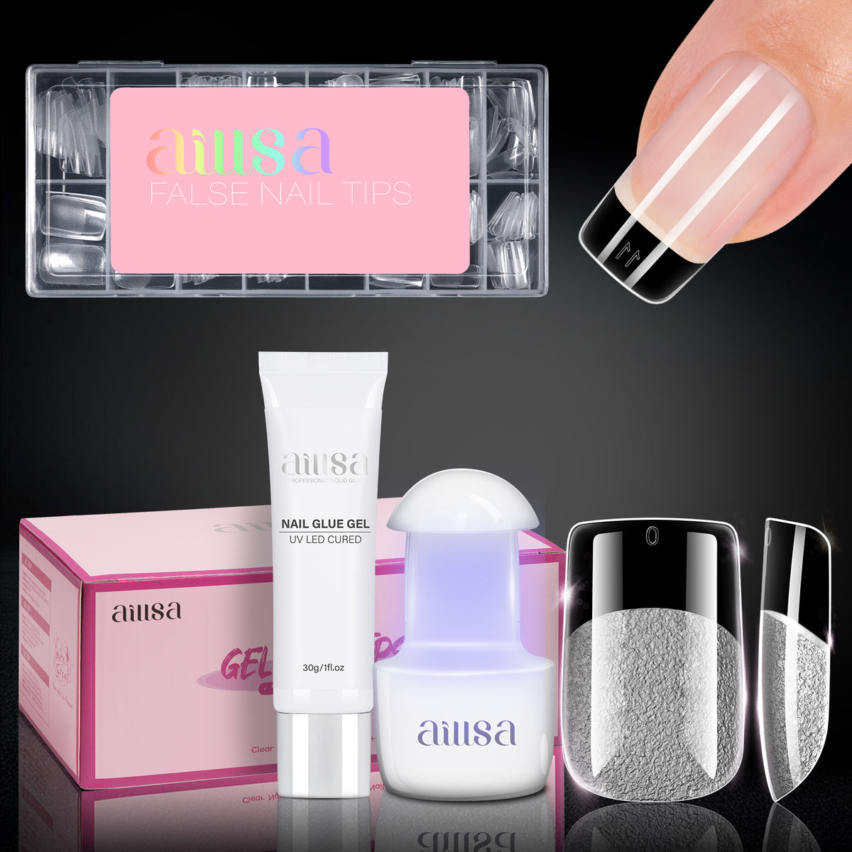 Nail Tips Set With Mini UV Cure Lamp & 30g Strong Solid Nail Glue 