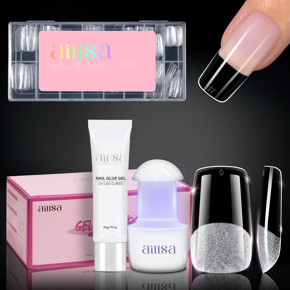 Nail Tips Set With Mini UV Cure Lamp & 30g Strong Solid Nail Glue 