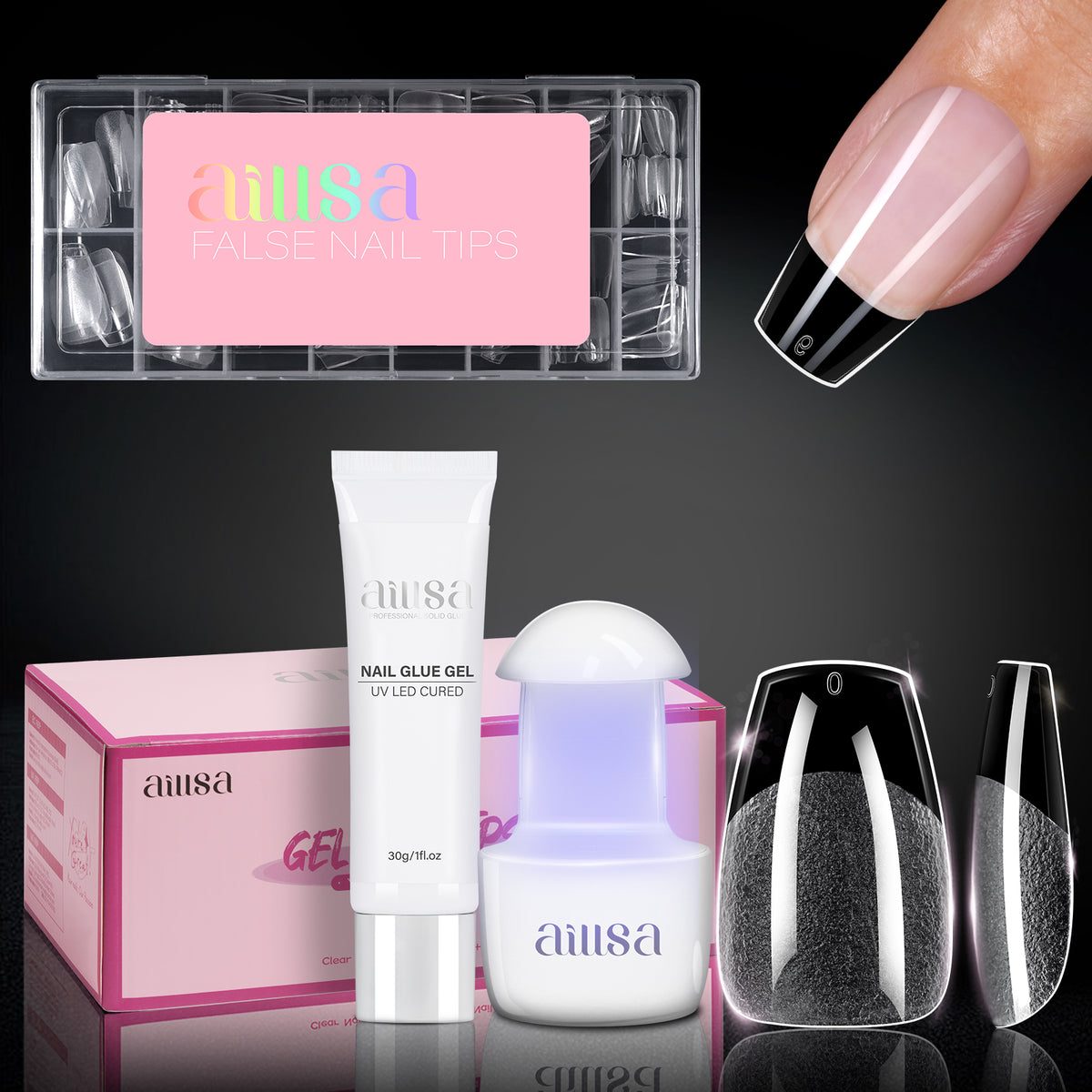Nail Tips Set With Mini UV Cure Lamp & 30g Strong Solid Nail Glue 