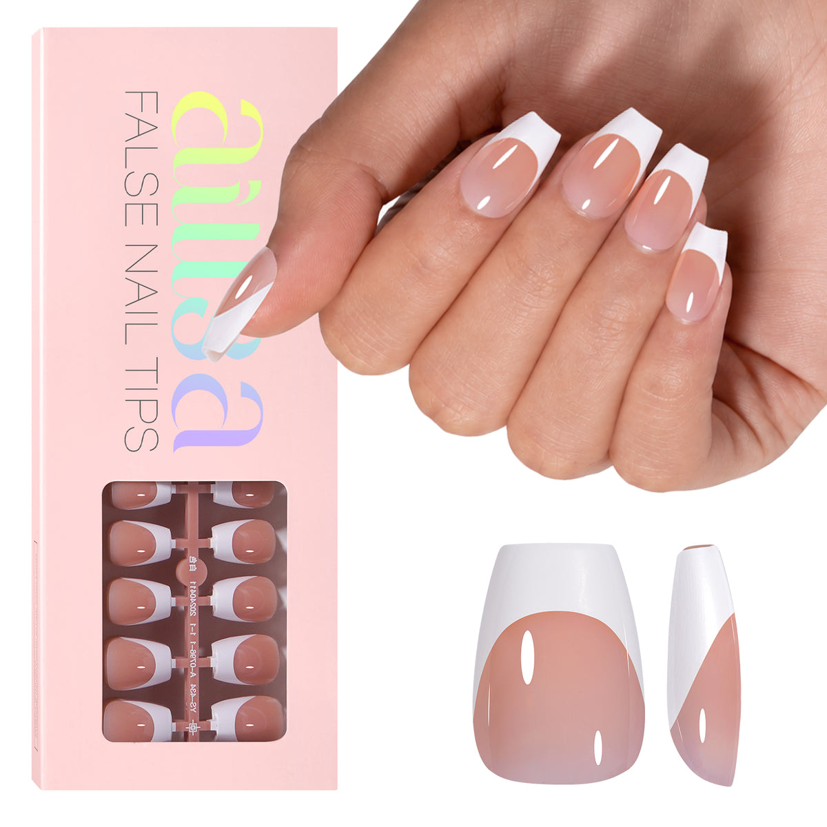 Extra Short Coffin French Tip Press on Nails 