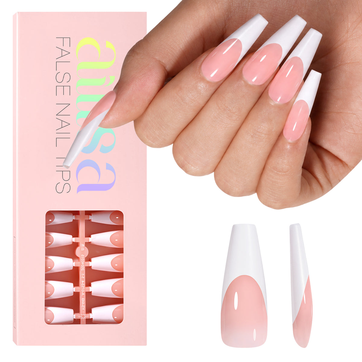 Long Coffin French Tip Press on Nails 