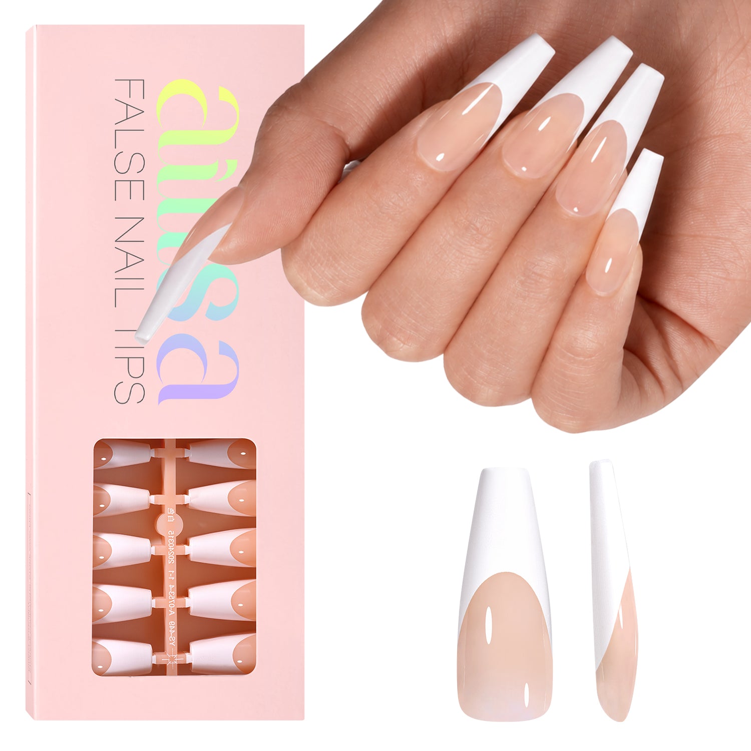 Long Coffin French Tip Press on Nails 