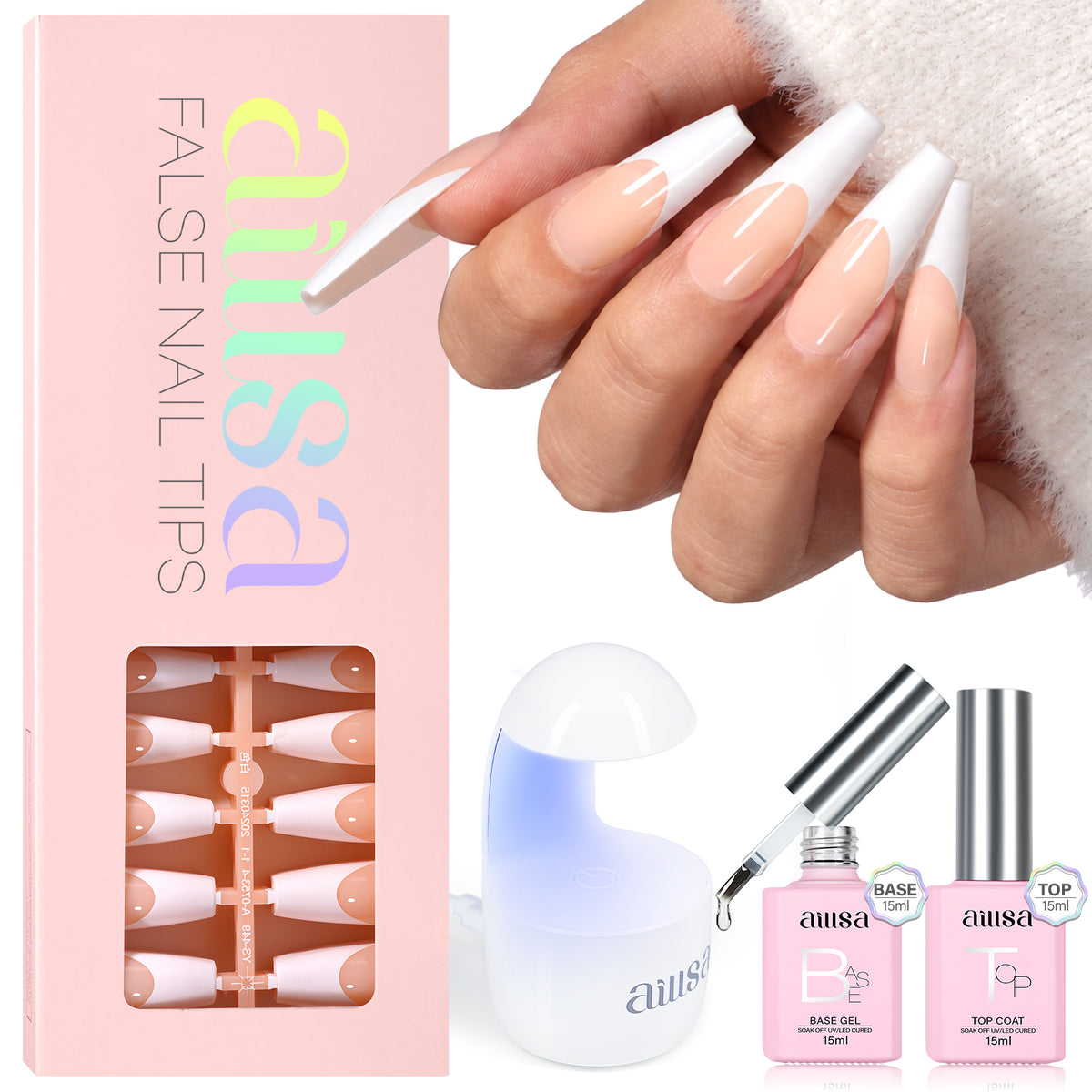 AILLSA French Tip Nails Set | 180Pcs 15 Sizes 