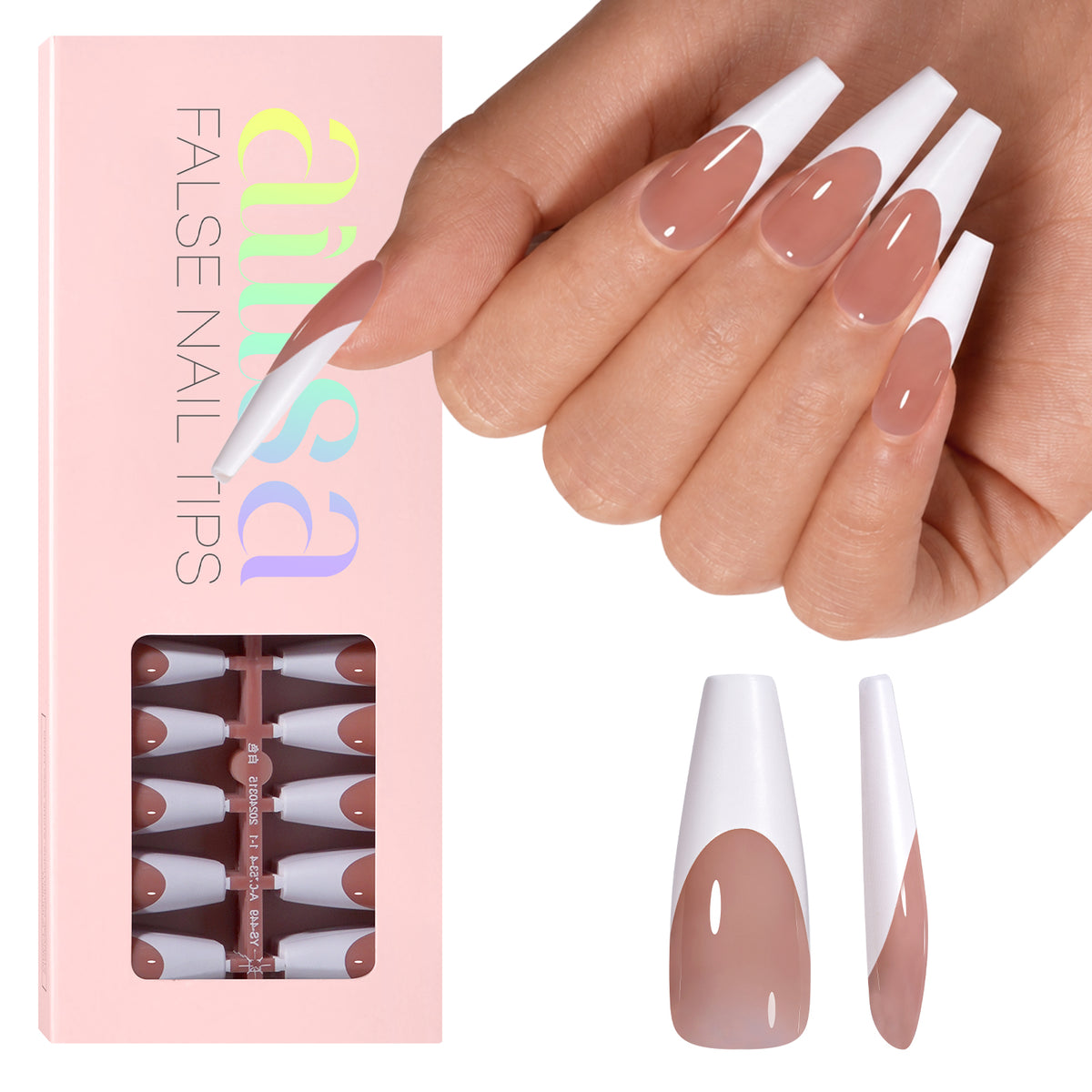 Long Coffin French Tip Press on Nails 