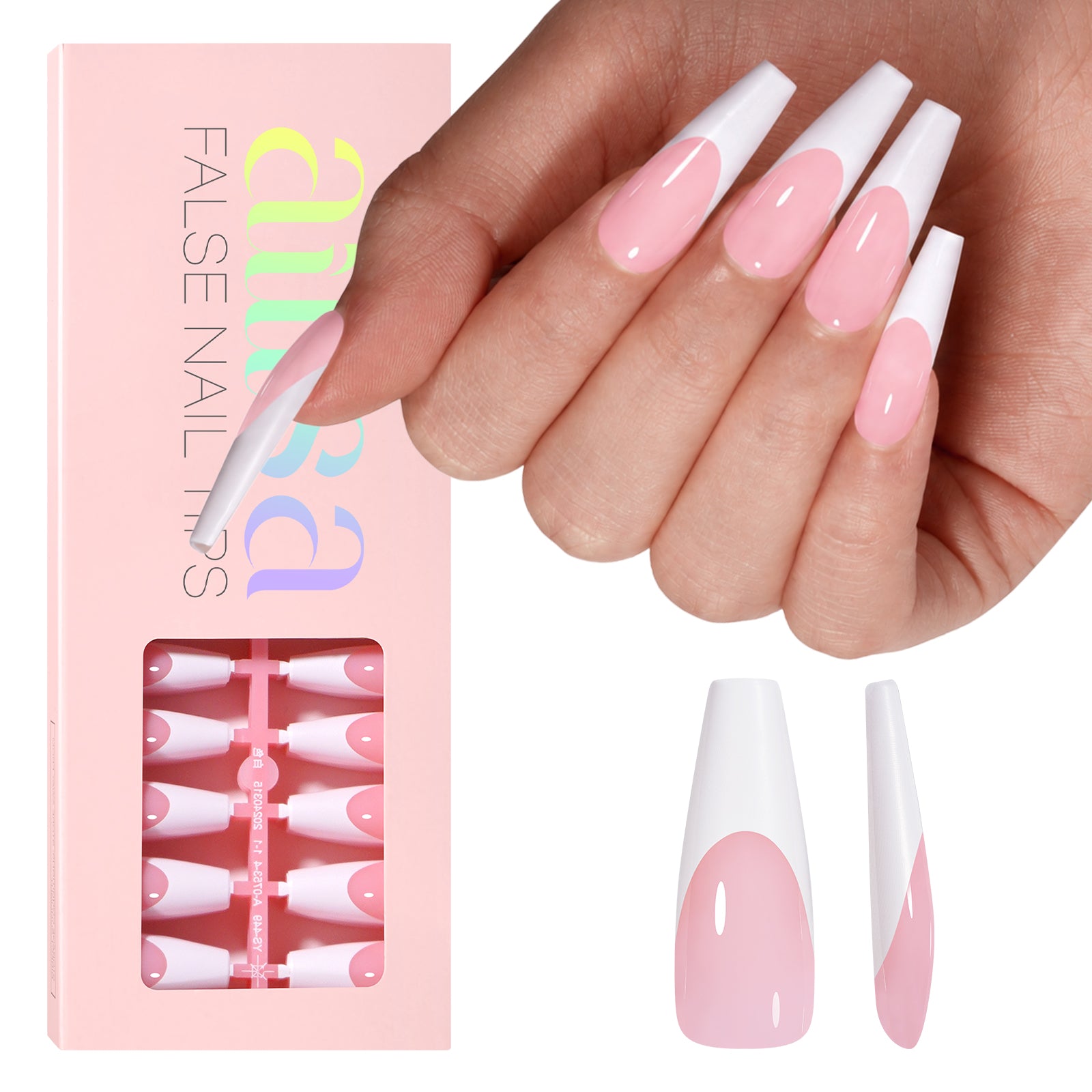 Long Coffin French Tip Press on Nails 