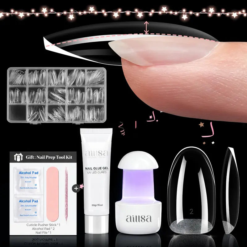 Nail Tips Set With Mini UV Cure Lamp & 30g Strong Solid Nail Glue 